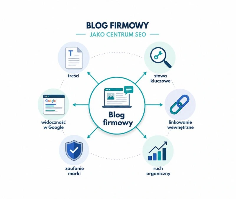Blog firmowy jako centrum SEO – treści, słowa kluczowe, linkowanie wewnętrzne, ruch organiczny, zaufanie marki i widoczność w Google