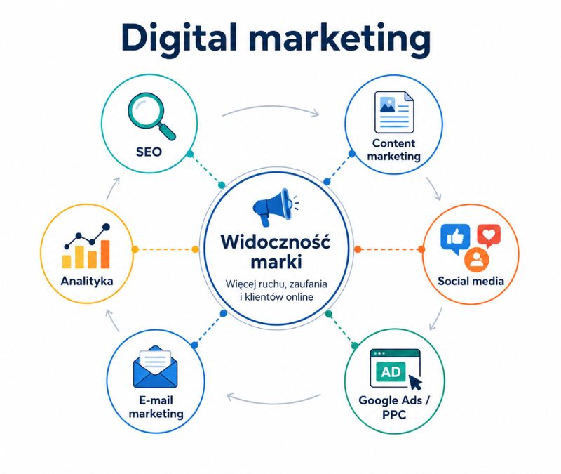 Digital marketing i widoczność marki – SEO, content marketing, social media, Google Ads, e-mail marketing i analityka