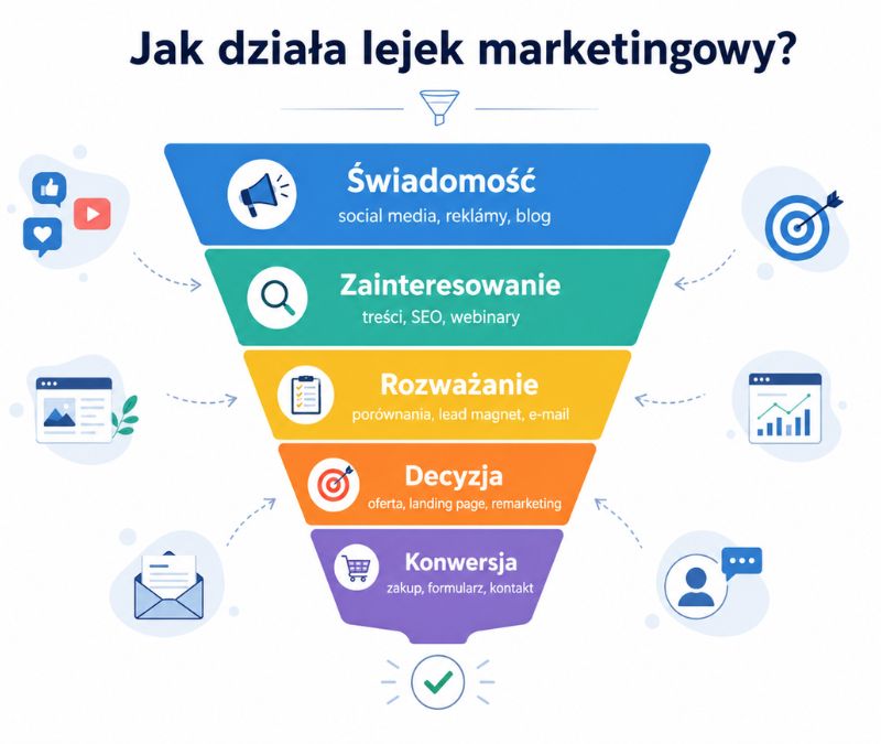 Jak działa lejek marketingowy – świadomość, zainteresowanie, rozważanie, decyzja i konwersja