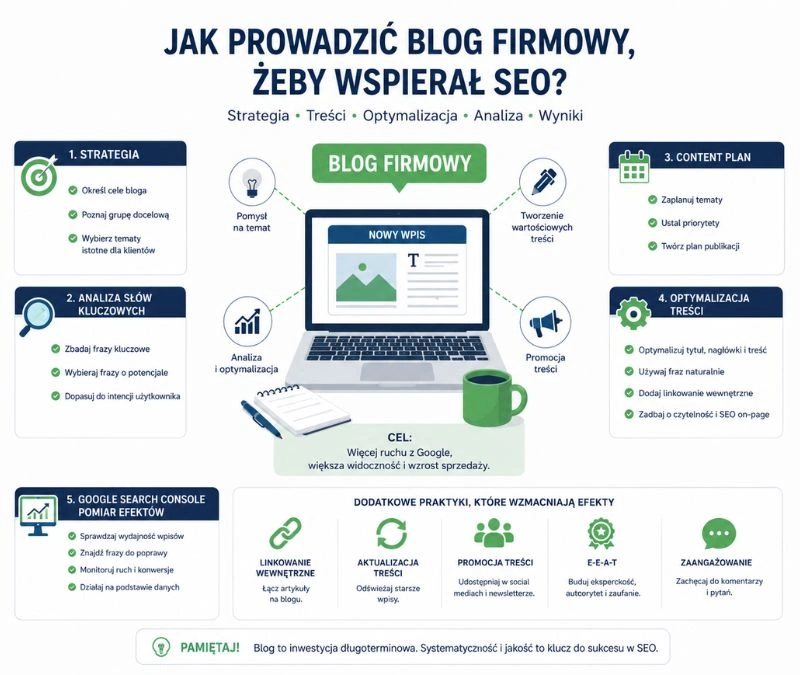 Jak prowadzić blog firmowy, żeby wspierał SEO – strategia, analiza słów kluczowych, content plan, optymalizacja i Google Search Console