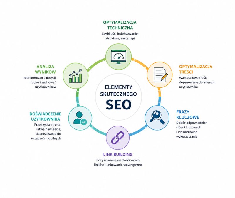 Elementy skutecznego SEO — optymalizacja techniczna, treści, frazy kluczowe, link building, doświadczenie użytkownika i analiza wyników
