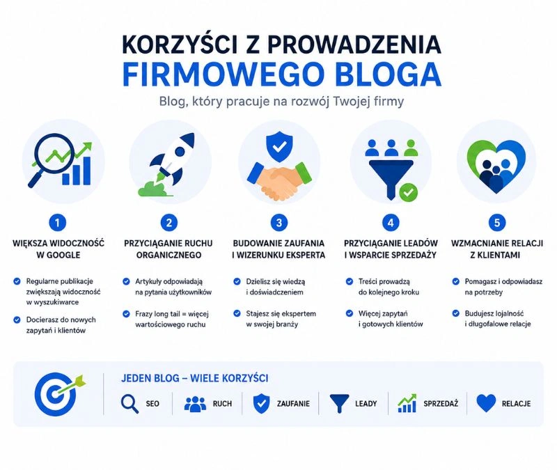 Korzyści z prowadzenia firmowego bloga – widoczność w Google, ruch organiczny, zaufanie, leady i relacje z klientami